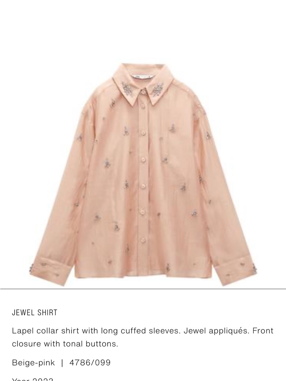 Zara Blush Pink Crystal-Embellished Button-Down Shirt Sz, Large